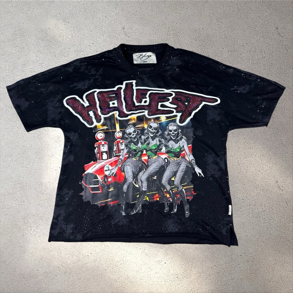 BKYS Men's Washed Grey Hellfest Rhinestone Skeleton Tour Graphic T-Shirt Sz L